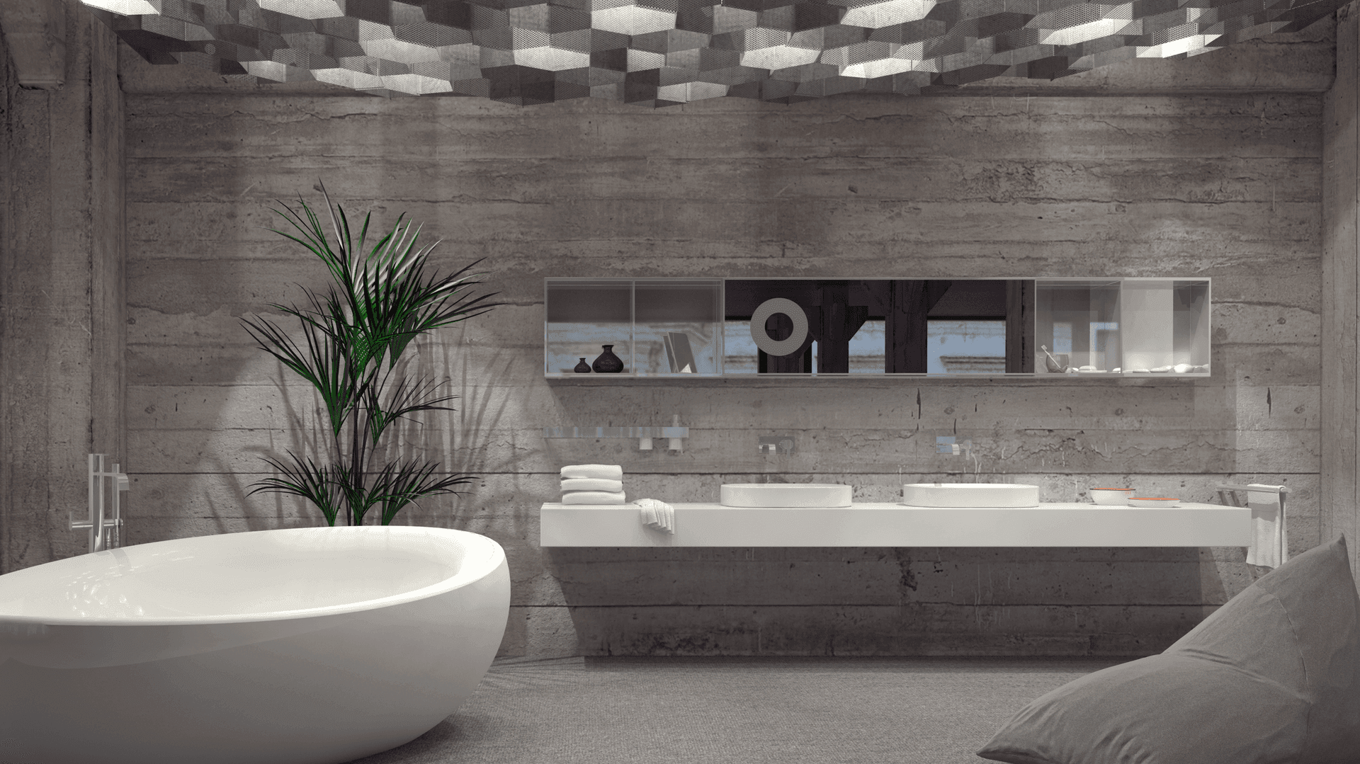 Modern bathroom with large oval bathtub, double sinks, and ceiling with geometric lighting.